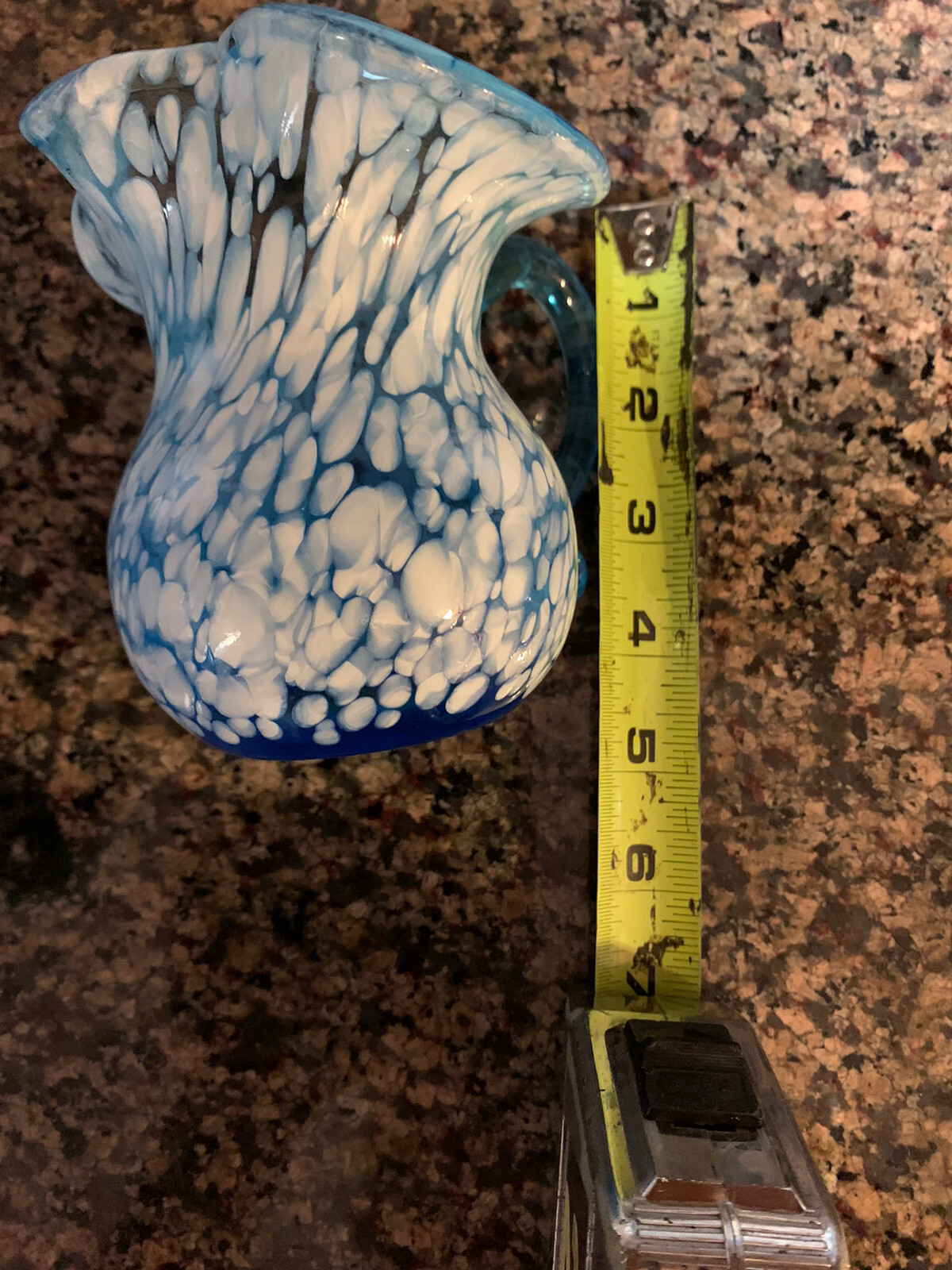 Old Small HAND BLOWN White SPLATTER Blue Art Glass PINCHED SIDES VASE/CRAFE