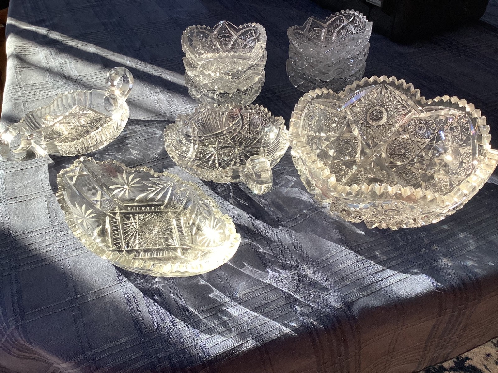 Antique American Brilliant Crystal Cut Glass-4 lg bowls/dishes plus 6 4in bowls
