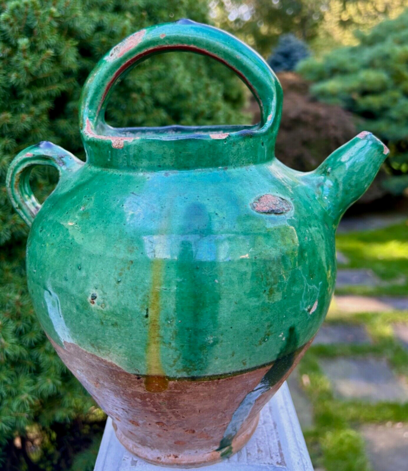 French Antique Confit Pottery Earthenware Green Glazed Pitcher CHRISTMAS SALE