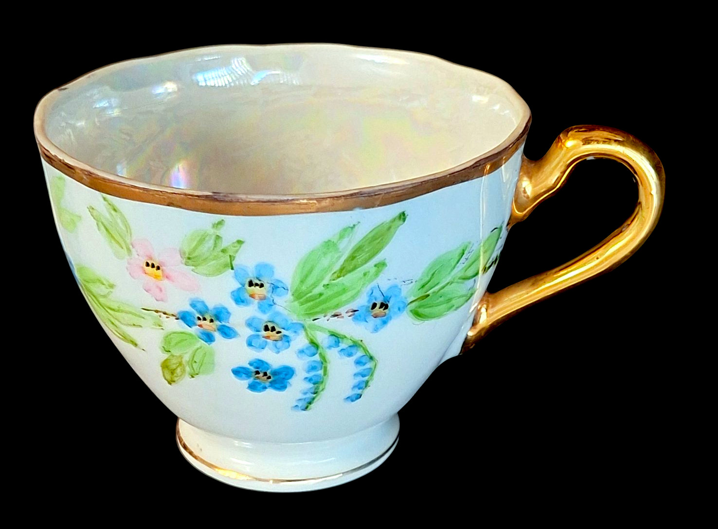 Vintage White Coffee Tea Cup & Saucer Blue Floral Hand-Painted by Ruth of Tucson