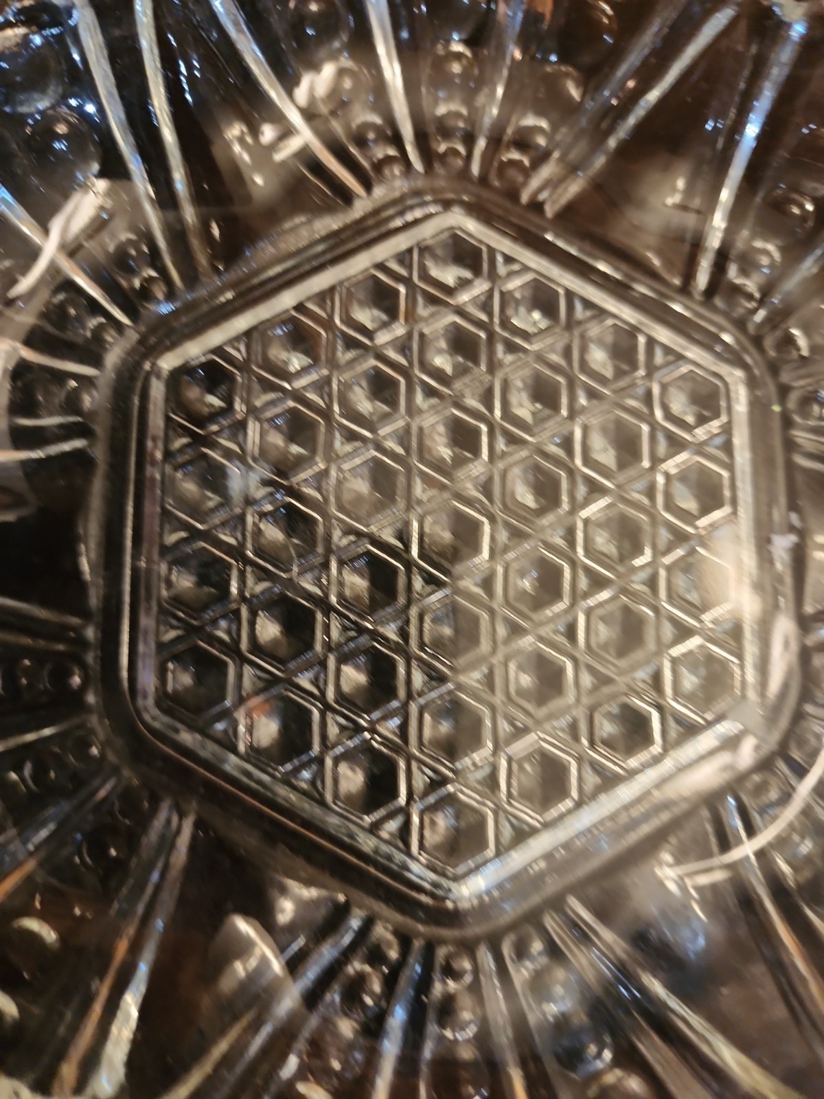 Vintage Anchor Hocking Glass Dish with Hexagon and Dot & Cane Pattern 7.5”