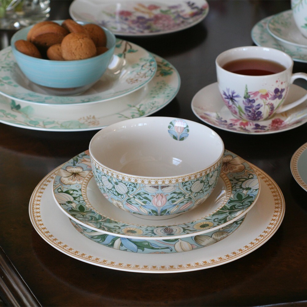 24pc Bone China Dinner Service Set Porcelain Dinnerware MORRIS GARDEN Turquoise