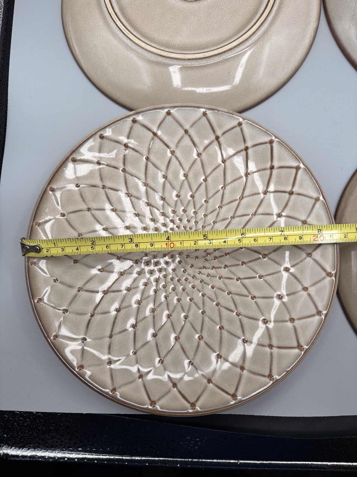 Pier 1 Stoneware Salad Plates Beige Brown Geo Embossed 8.5″ Lot Of 4