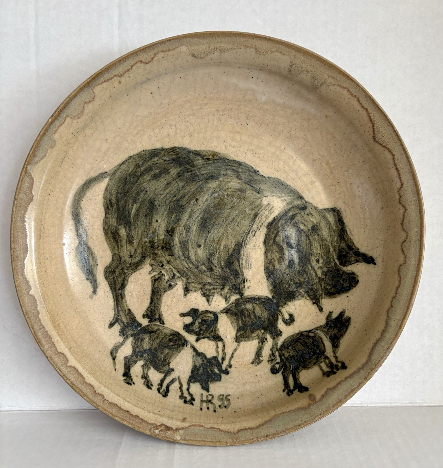 Vintage 1995 Studio Pottery Sow Pig Piglets Bowl Signed HR Folk Art 9”