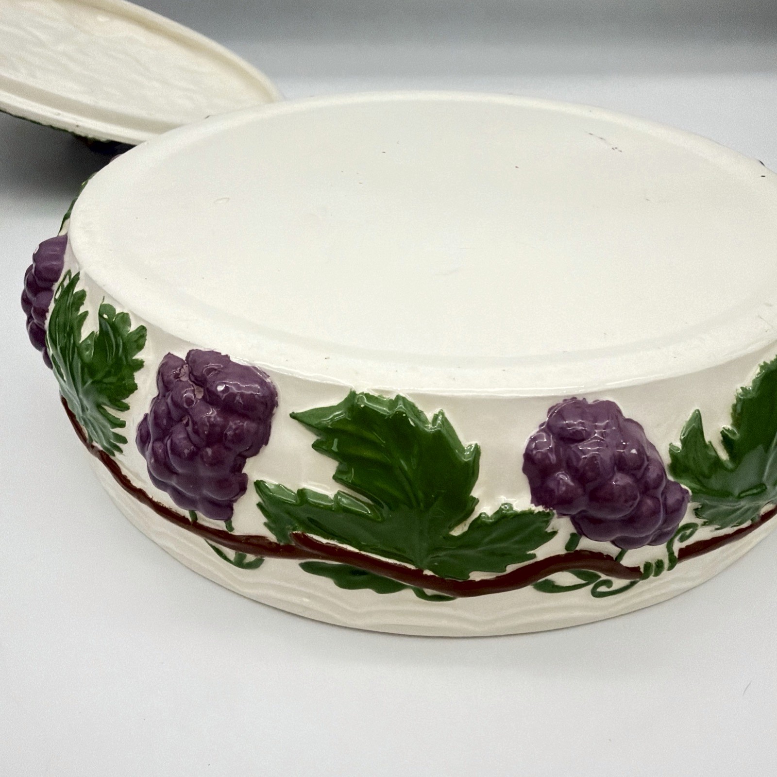 Ann Hall 1970 Vintage Ceramic Covered Dish Grape Motif Fruit Pattern