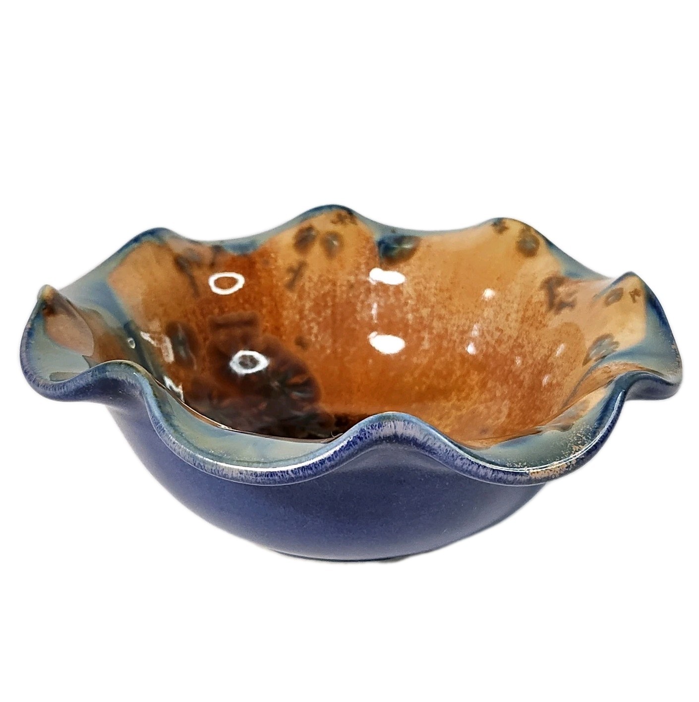 Vintage Studio Pottery Deep Amber & Teal Crystalline Glaze Ceramic Platter