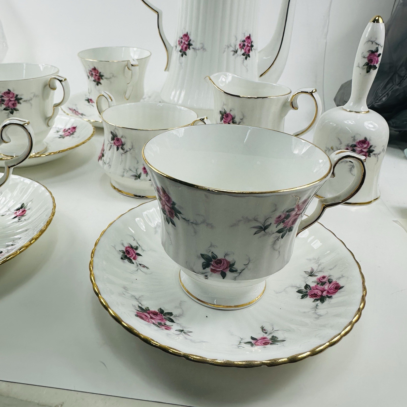 Princess Hammrsley Fine Bone China Tea Pot Creamer Sugar 4 Teacups Suacers Bell