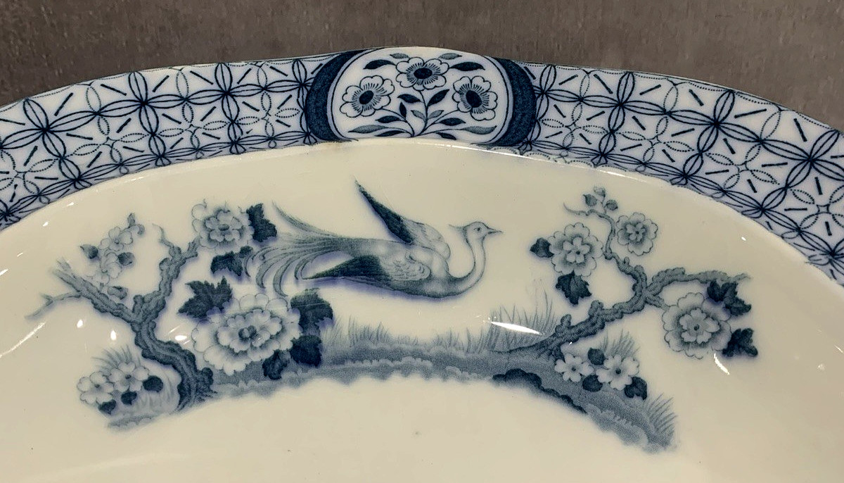 Antique Johnson Bros MONGOLIA Gray Blue Transferware Oval Covered Serving Bowl
