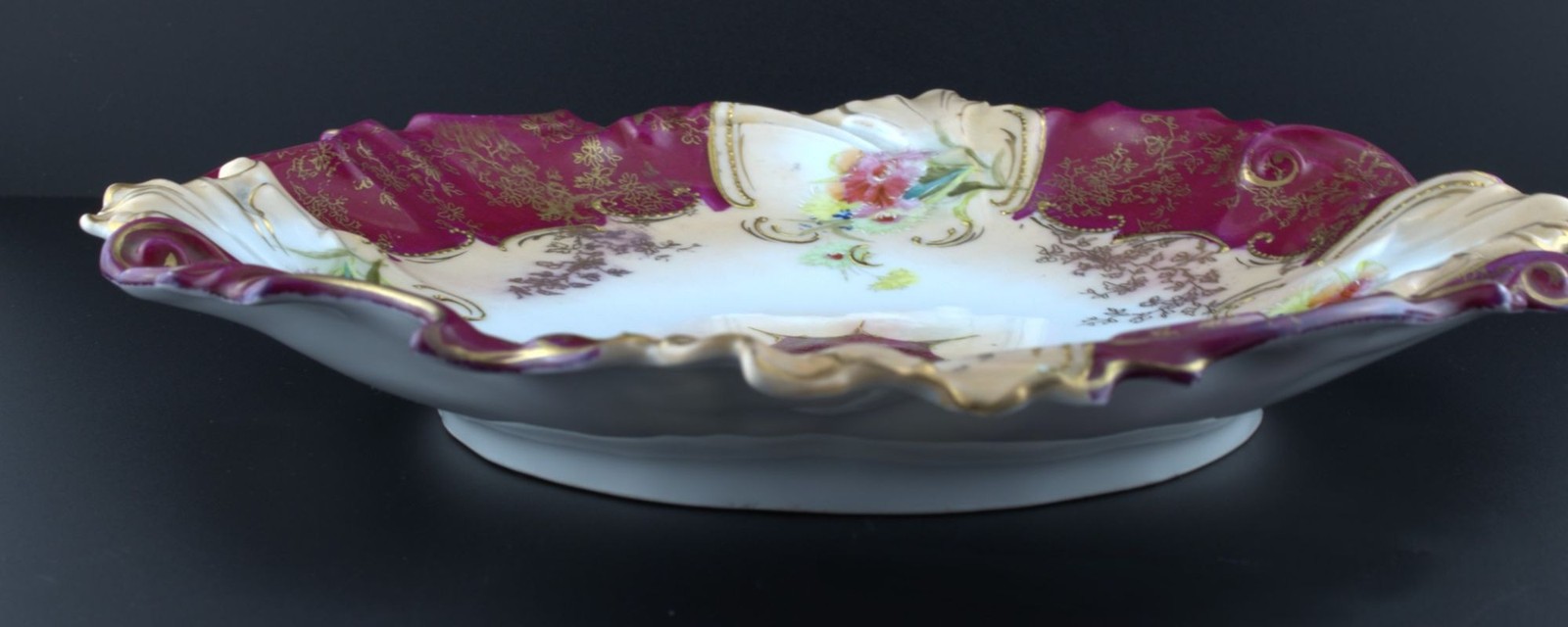 Antique Old Vienna Germany 11” Cake Plate Hand Painted Floral Gold Burgundy