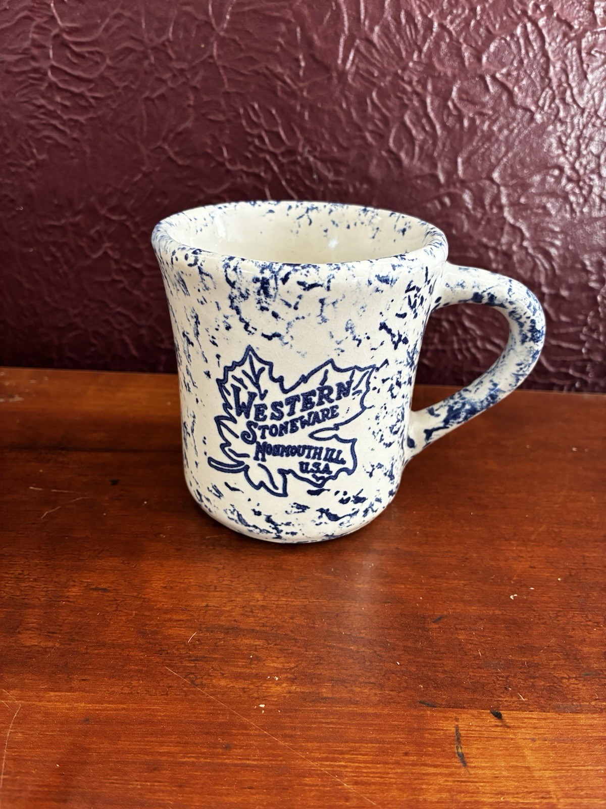 Vintage Western Stoneware Co. Mug Blue Spongeware Coffee Cup 8oz Monmouth U.S.A