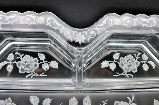 Vintage Fostoria MCM Etched Midnight Rose Glass Relish Tray 5 Compartments