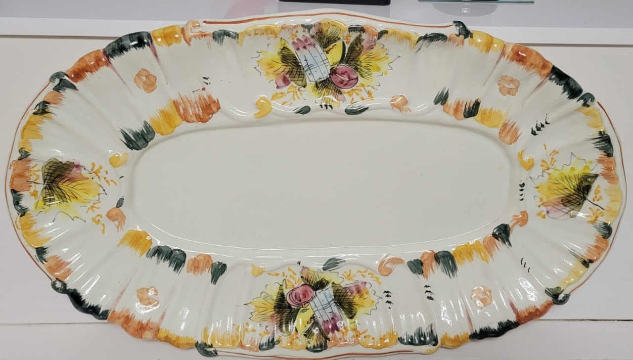 25 INCH BEIGE HANDPAINTED CERAMIC OVERSIZED OVAL SERVING PLATTER 7 POUNDS