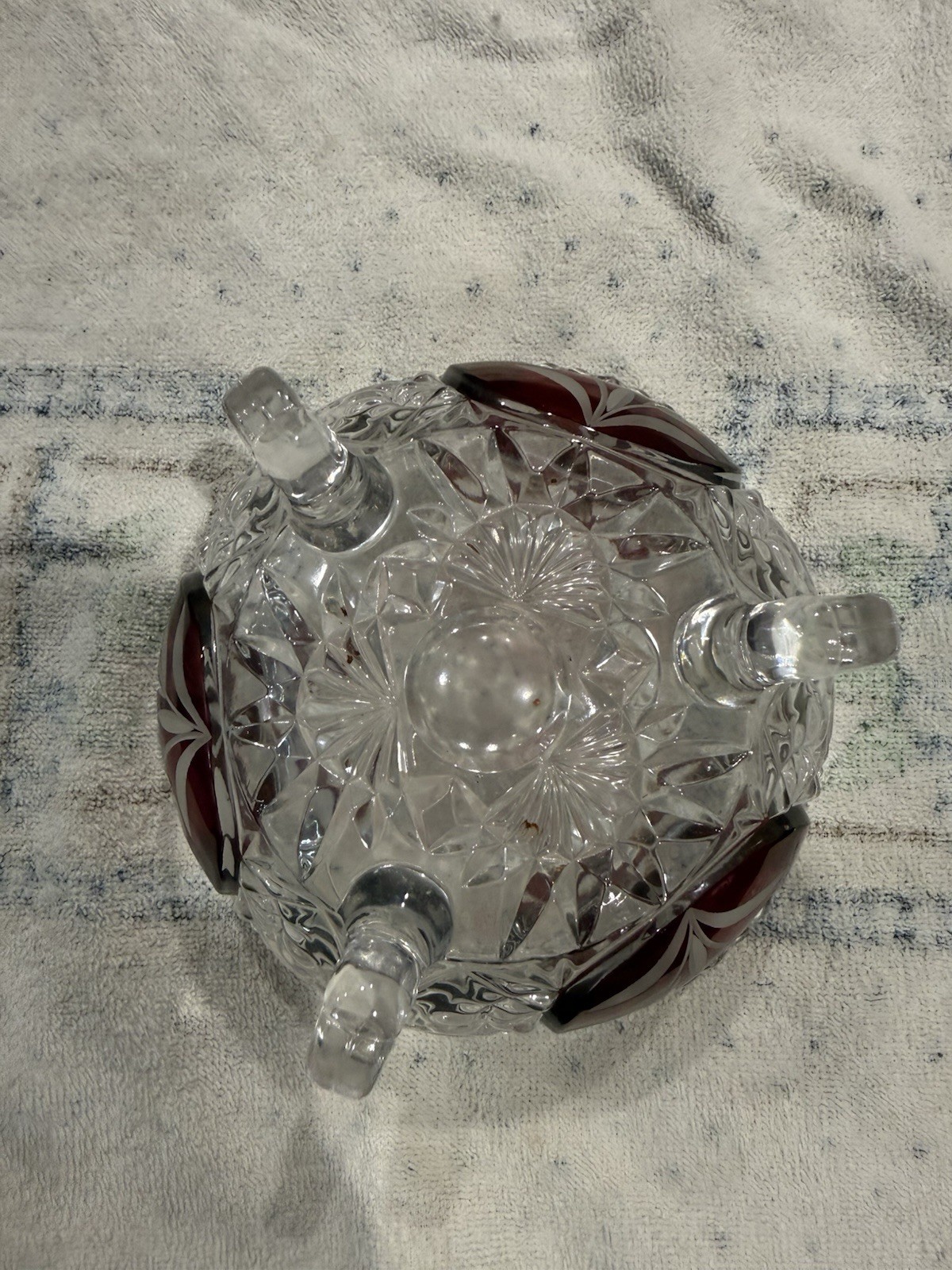 Clear Cut Glass 3-Footed Round Bowl Red Panels White Floral Decorative