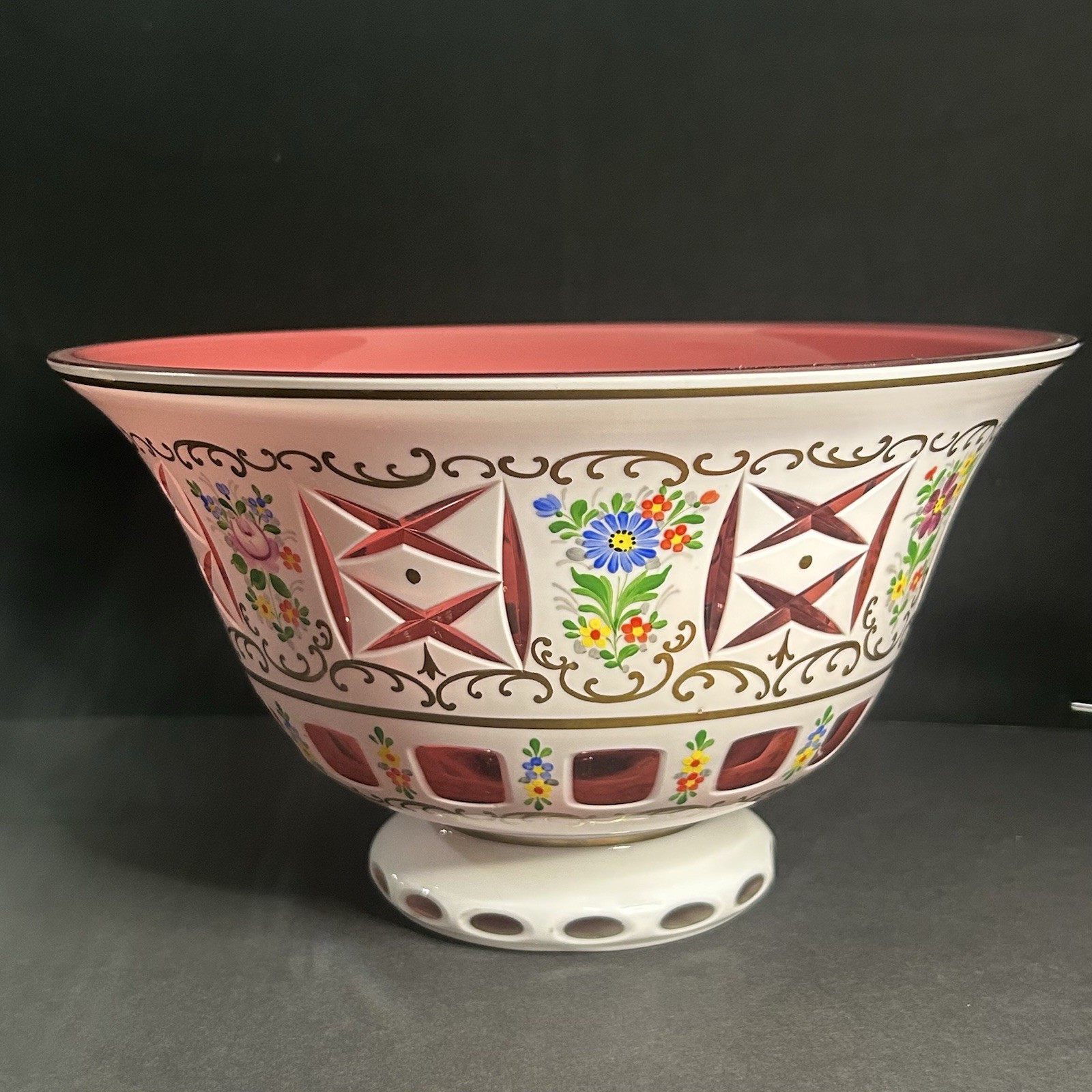 Bohemian Czech White Glass Cut to Pink Pedestal Bowl Hand Painted Flowers 9”