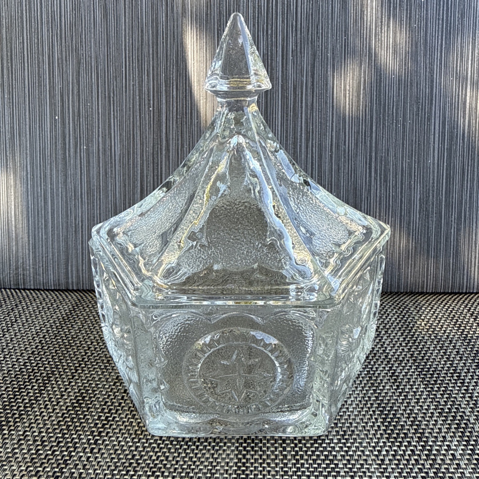 Vntg Glass Candy Dish w/ Lid American Eagle Star Hexagon 6″ Tall