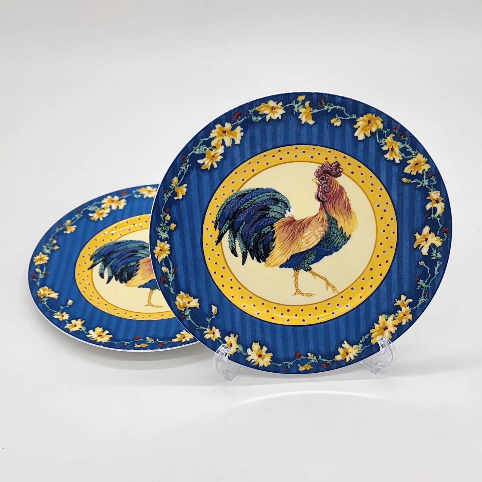 Fitz and Floyd Coq Du Village Rooster Portrait 9 1/8 in Salad Plates Blue (2)