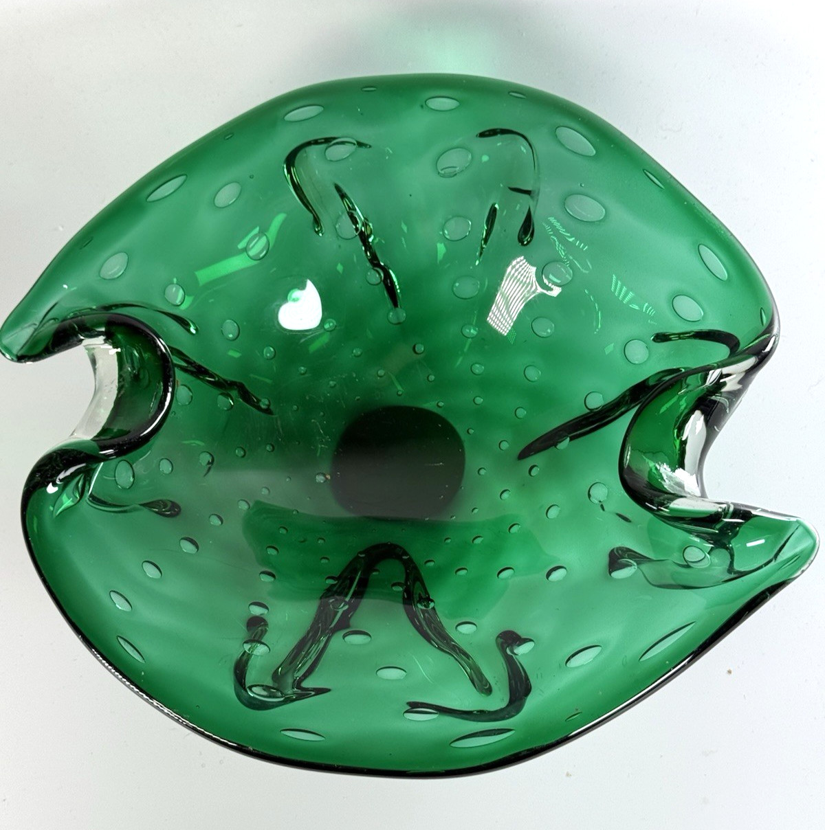 Hand Blown Controlled Bubble Dark Green Thick Glass Decor Bowl
