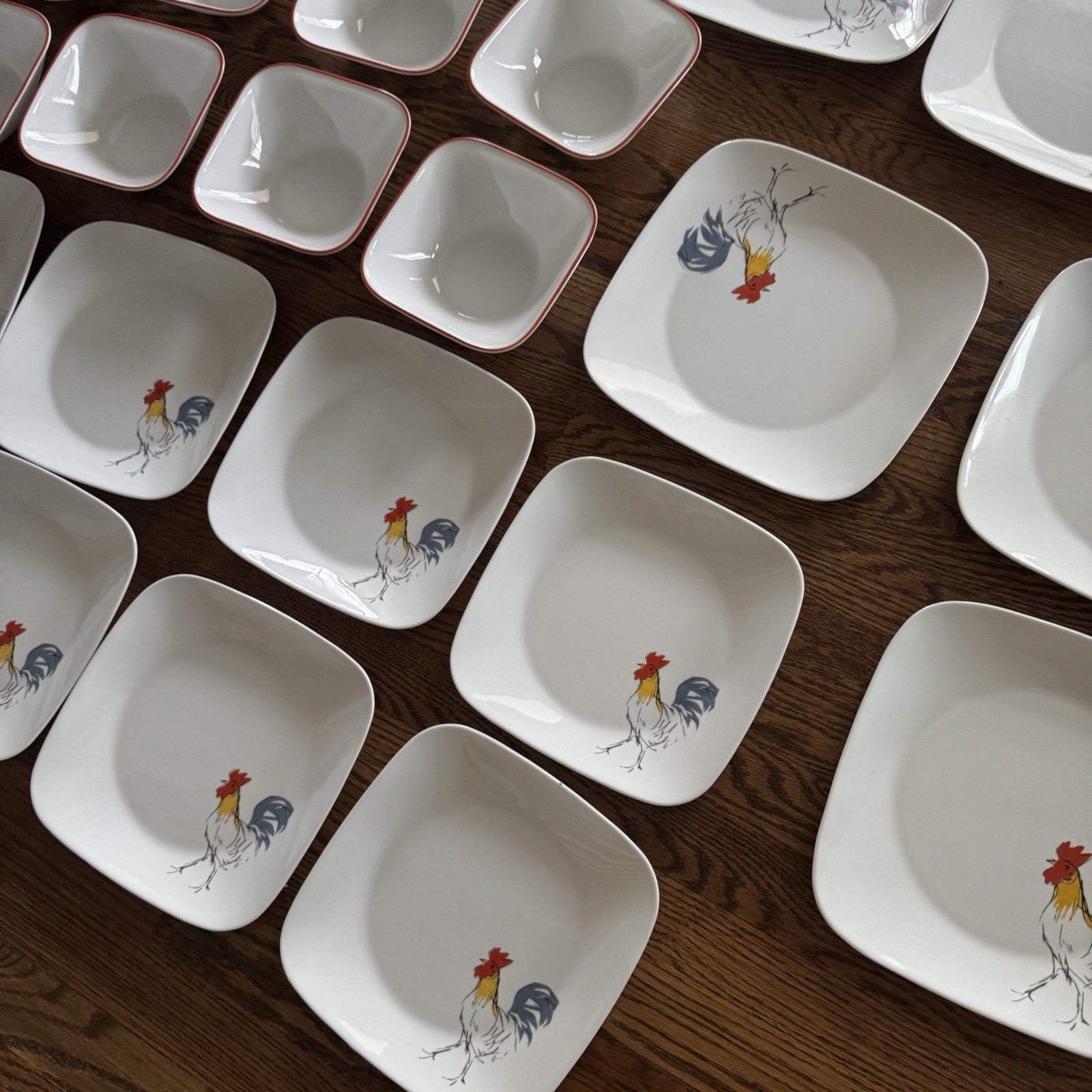 24 PC SET Corelle Square Rooster Country Dawn Dinner Plates And Square Bowls