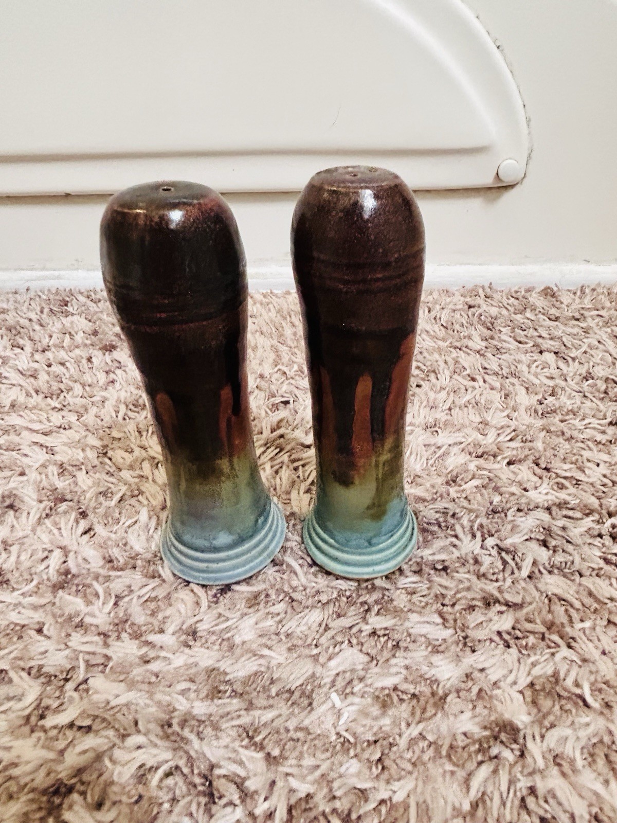 Bill Campbell Pottery Salt And Pepper Shakers Drip Glaze Blue Brown Purple