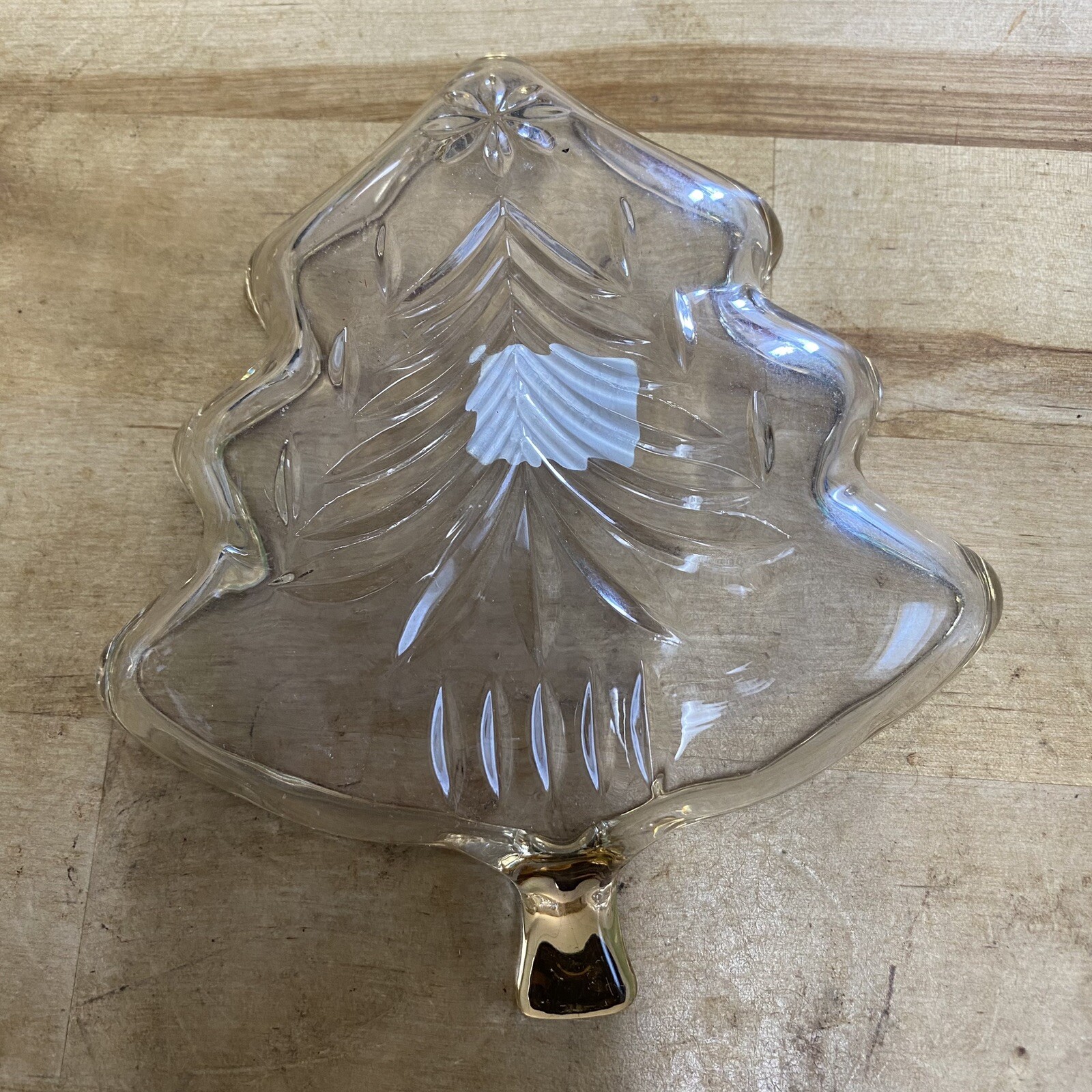 Mikasa Candy Nut Dish Tree Shaped Clear Embossed Glass Gold Trim Pre-Owned