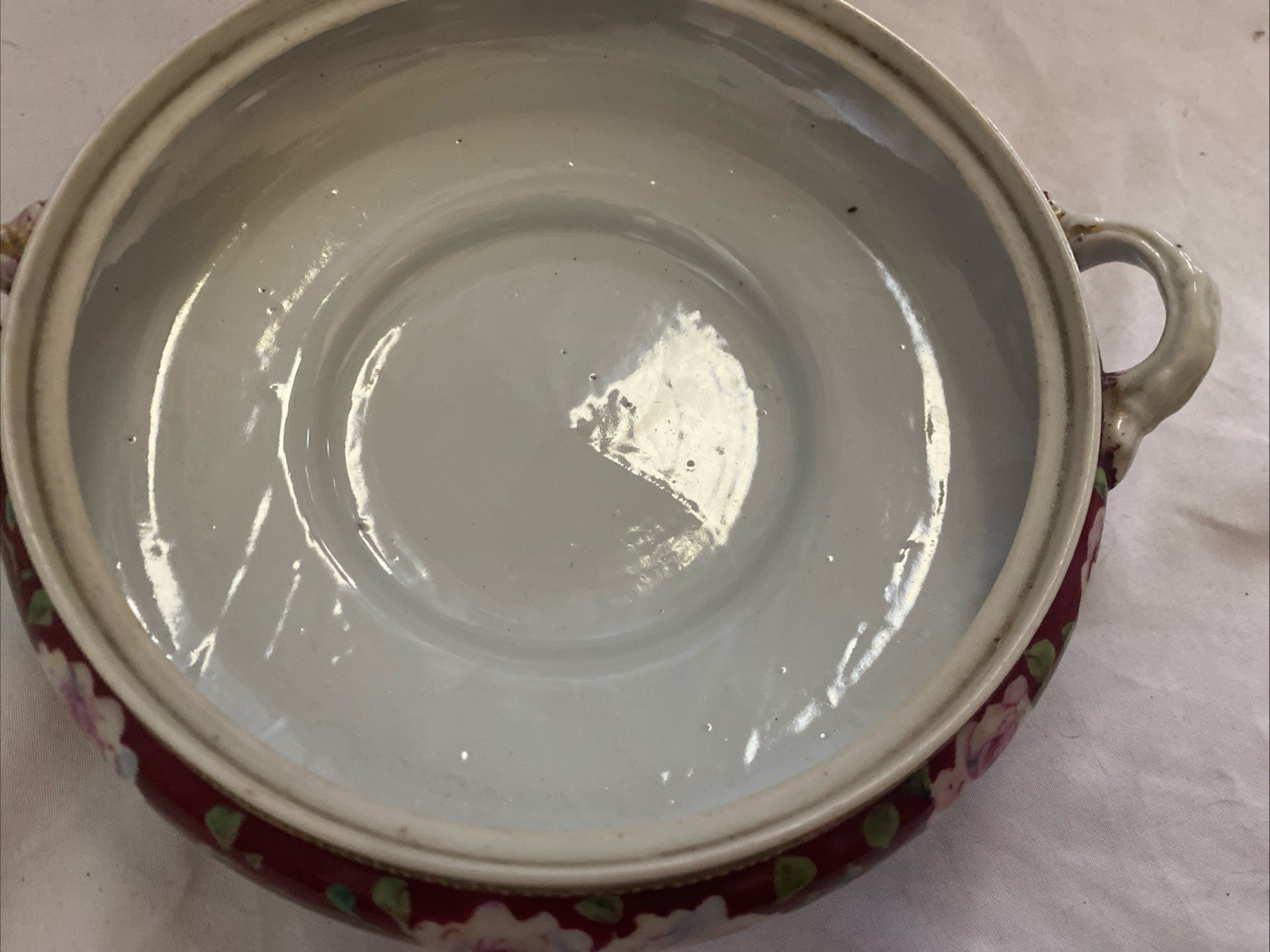 Antique Pink Cabbage Rose Applied Gold Red Pre-Nippon Bowl With Lid