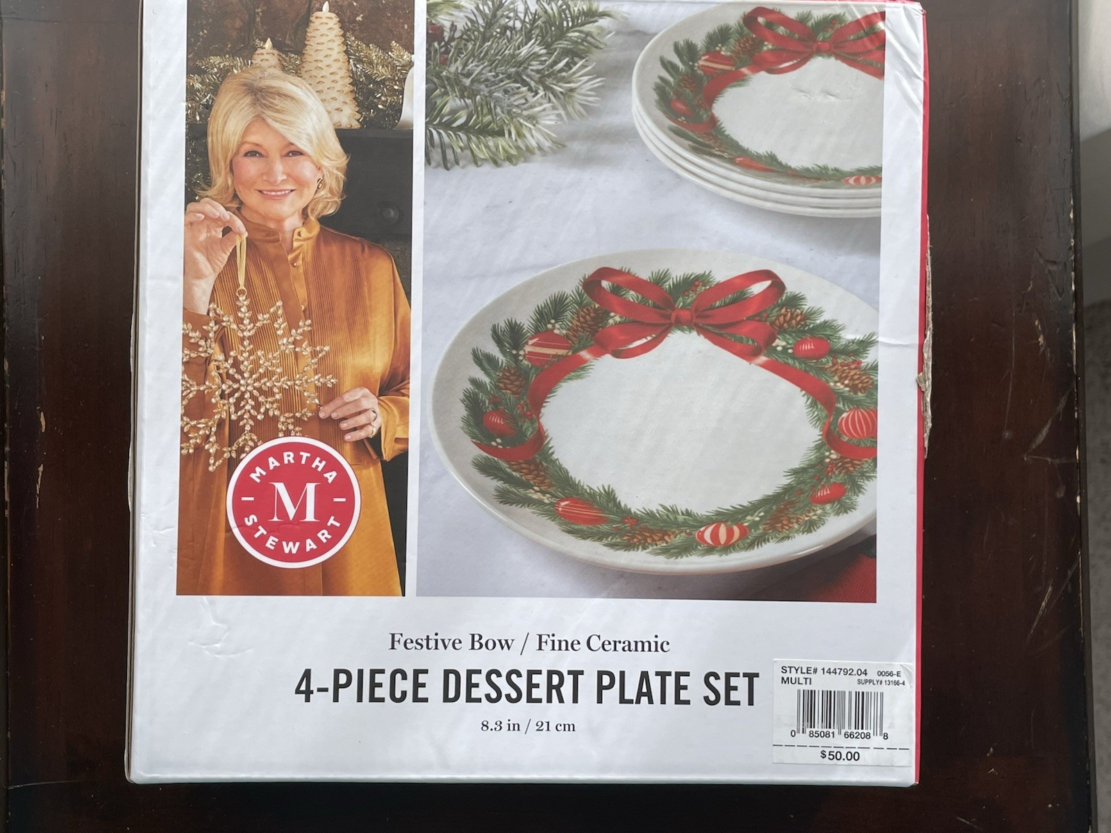 Martha Stewart Festive Bow Dessert Plate 8.3″ Ceramic-Set of 4 New in Box
