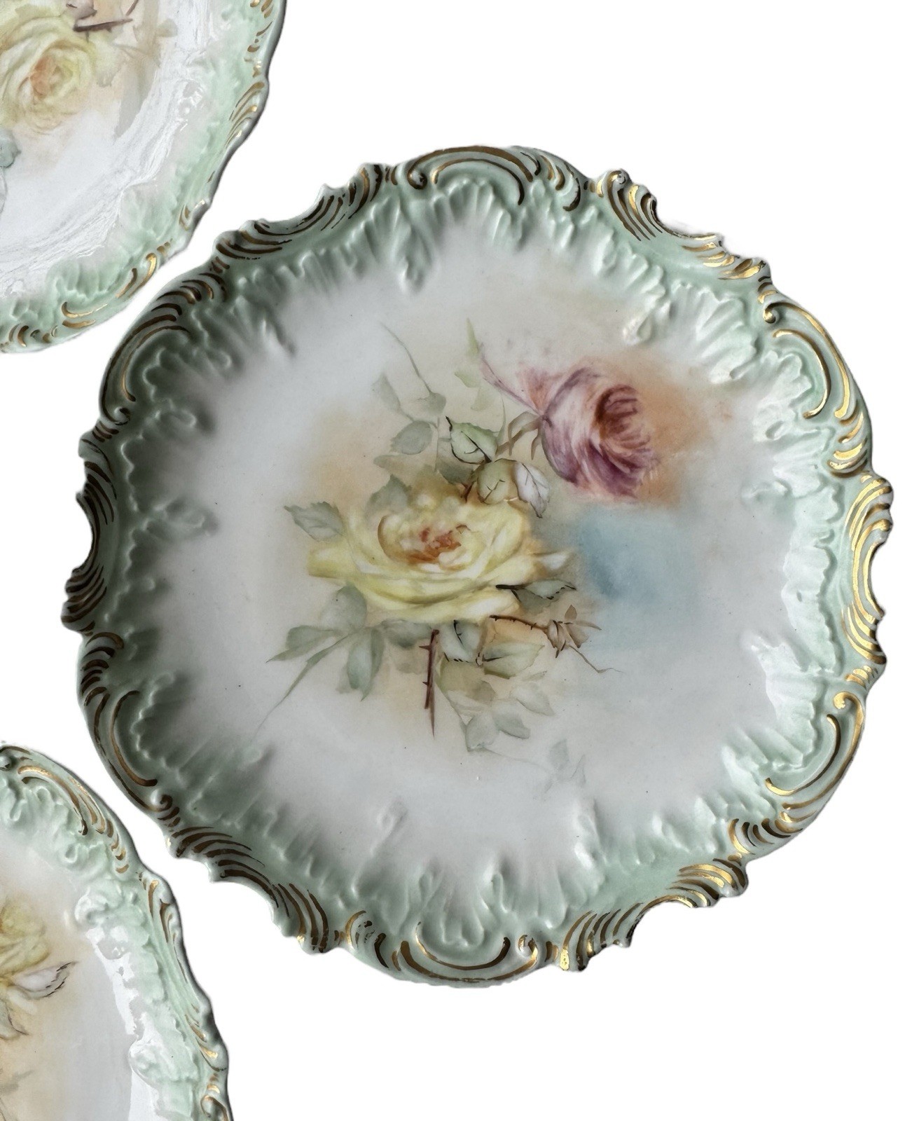 Antique Limoges France Plate Set 4 Hand Painted 1899 Scalloped Embossed Floral