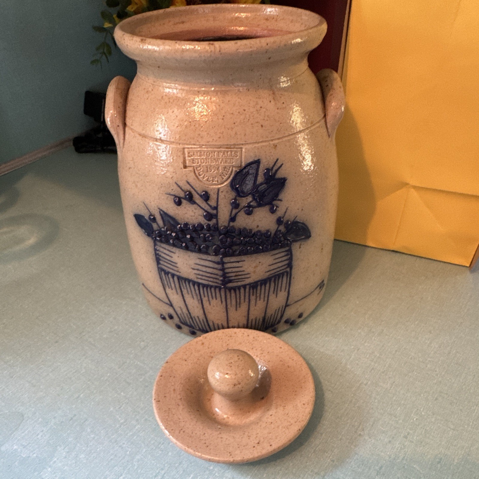 Salmon Falls Stoneware 1994 Blue Basket Berry Stoneware Jar w/ Lid Handles