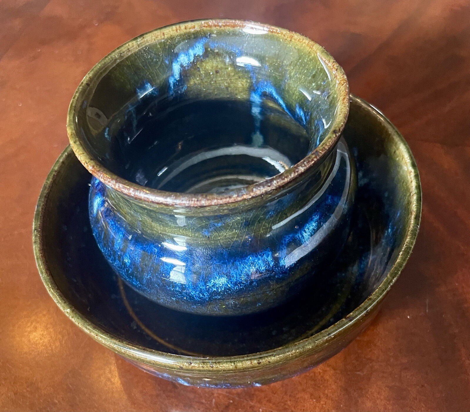 2 Pc Signed Studio Pottery Planter / Saucer Moody Blue Drip Ceramic Hand Thrown