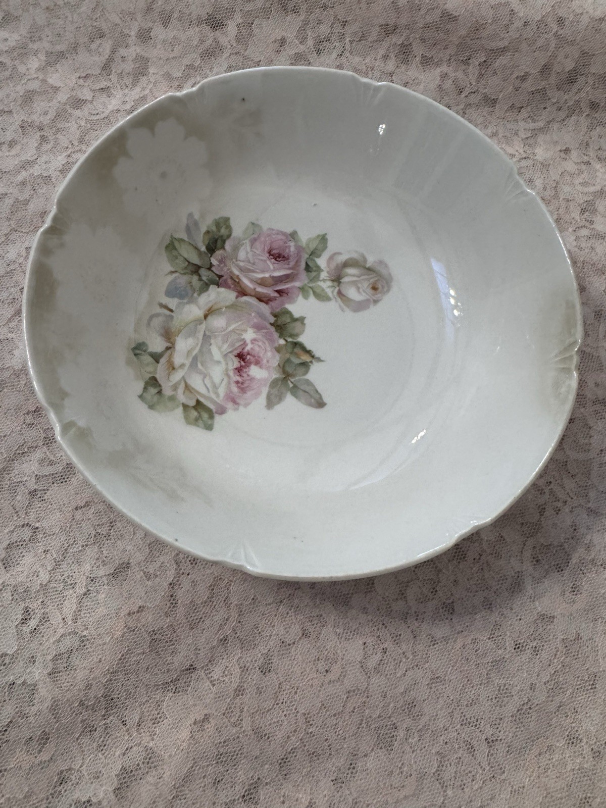 Haviland Porcelain Bowl White Pink Green Floral Rose Pattern Round Glossy