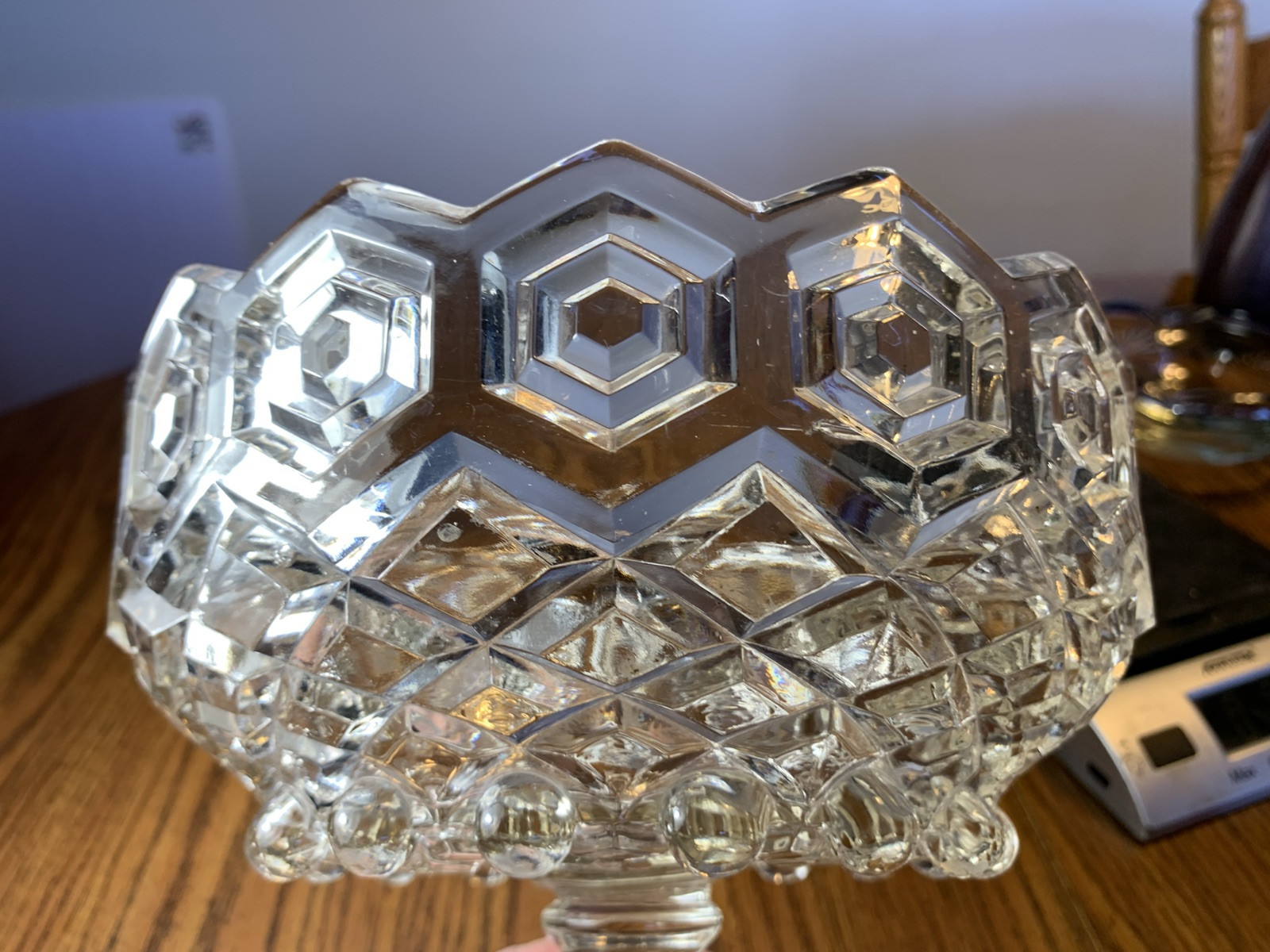 Dalzell Gilmore Leighton Hexagonal Bull’s Eye Open Compote EAPG 9″ Antique 1890s