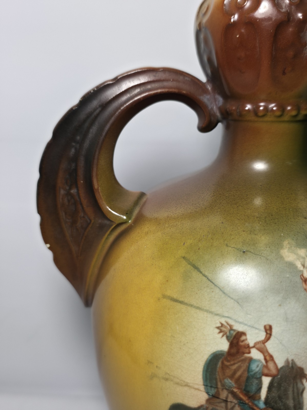 Antique Decorated Porcelain Dual Handle Pitcher Signed w/ Griffin El Unico Logo