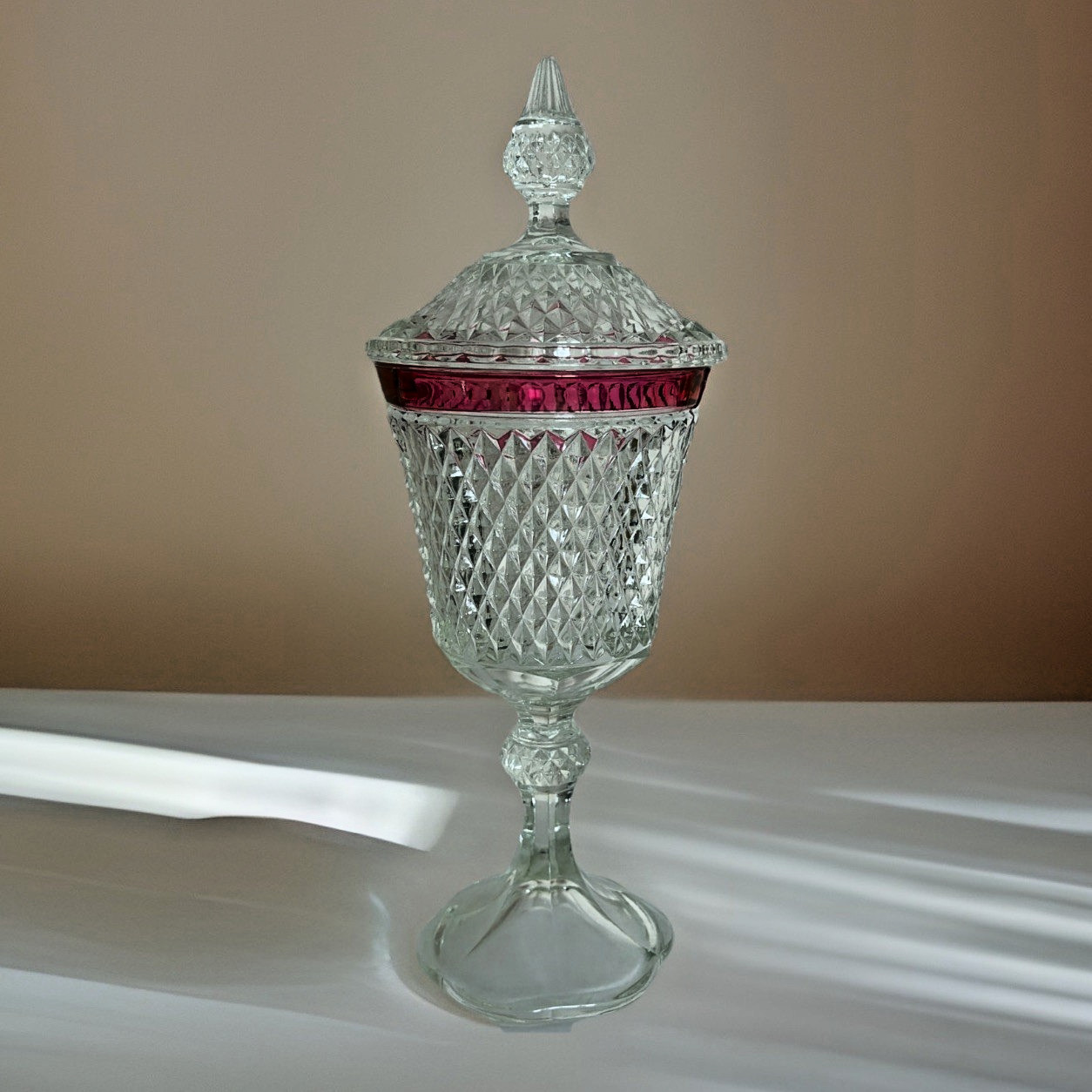 VTG Indiana Glass Diamond Point Ruby Band Covered Candy Dish Chalice 15.5″ Tall