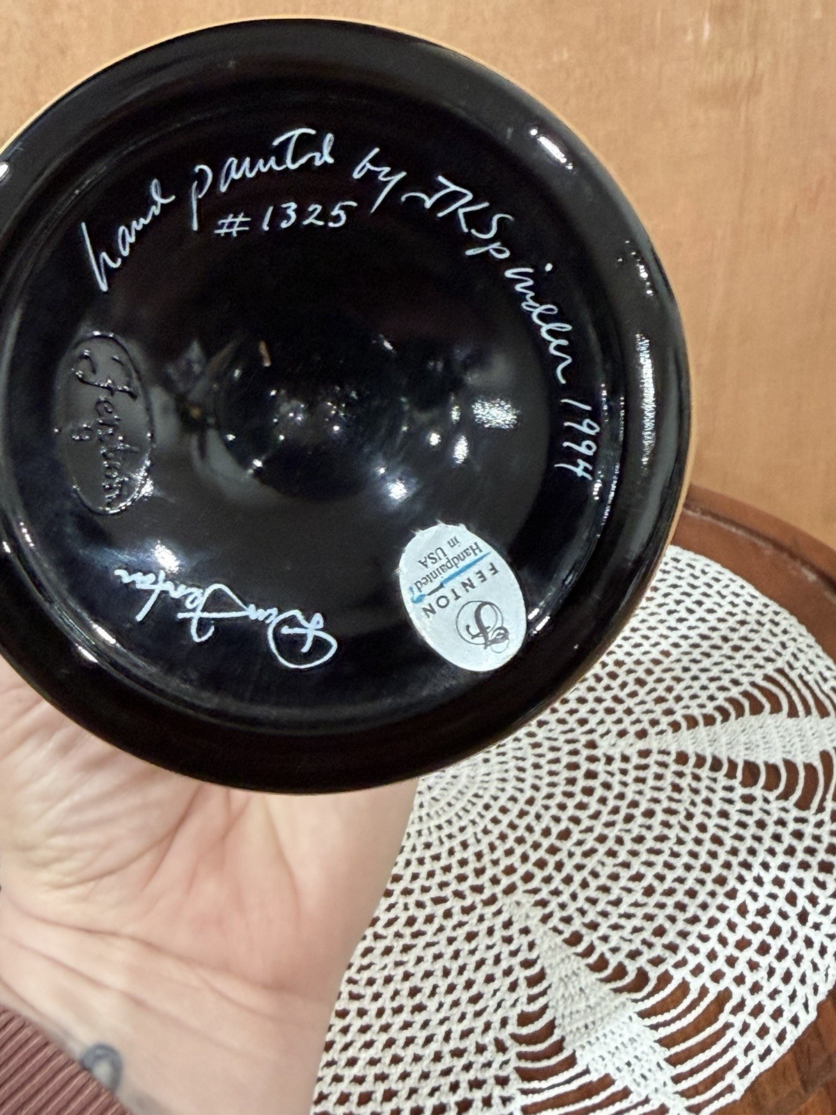 Fenton 1994 Black Hand Painted Lidded Urn Candy Dish J.K. Spindler #1325
