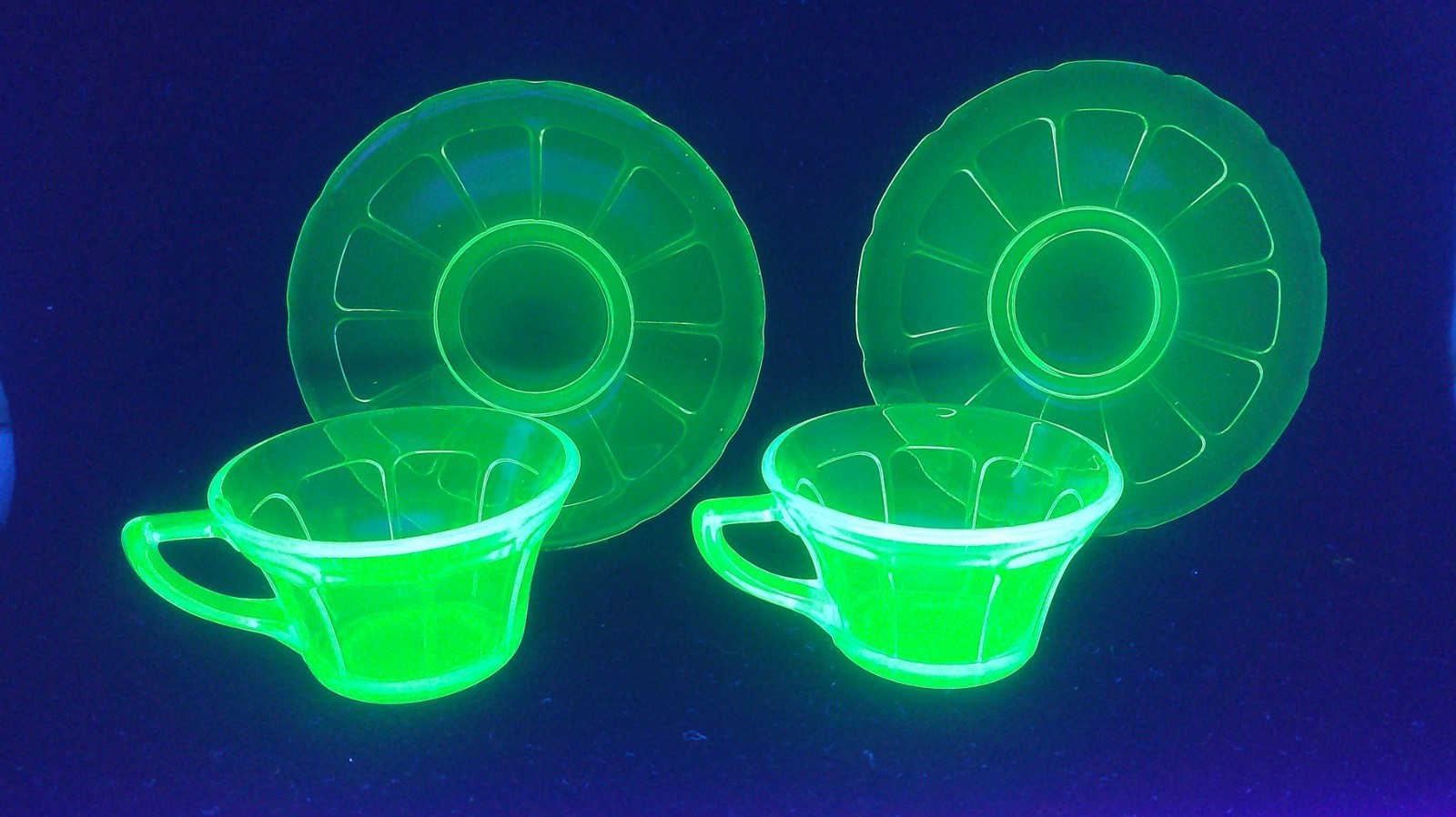 Uranium, Diamond Glass Co, Victory, Green, Cup & Saucer Sets, (2), c 1929, ExCd