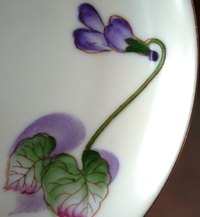 Vtg Set 6 PLATES Tashiro Shoten Japan HANDPAINTED PURPLE VIOLETS Gold Rims 7.5″