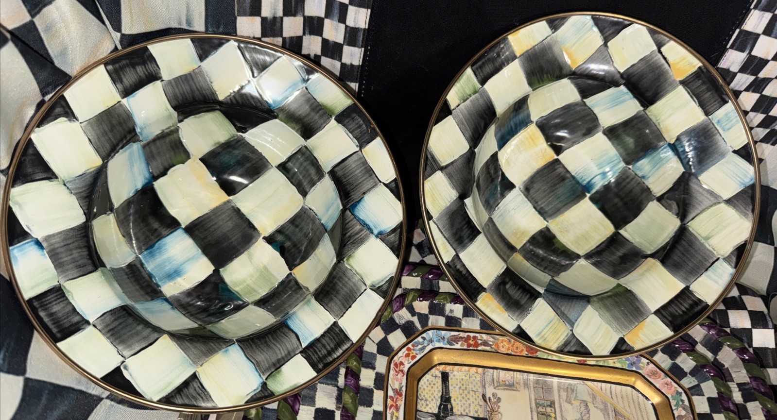 (2) Camp Mackenzie Childs 8” Breakfast Bowls, Courtly Check Enamel