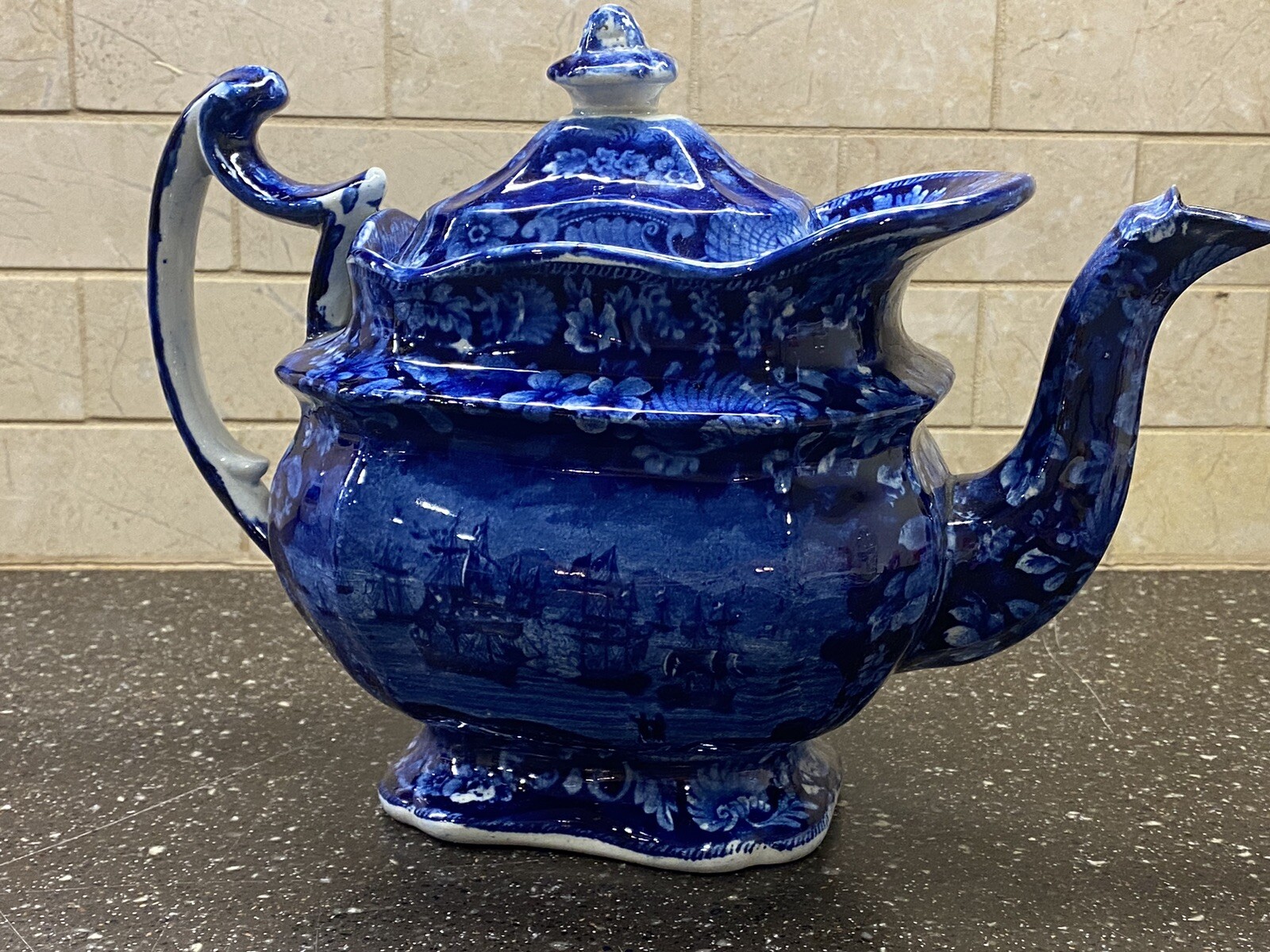 Historical Staffordshire Blue Teapot Macdonough’s Victory Ca. 1825