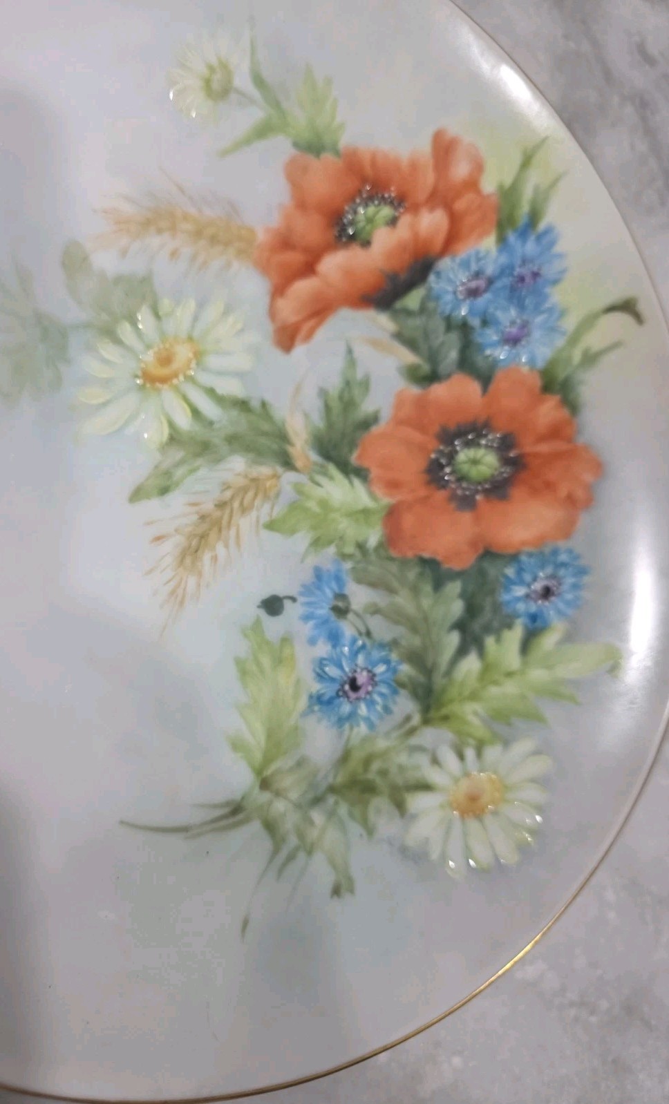 Vintage 9 IN. PLATE HAND PAINTED NO CRACKS/NO CHIPS. Orange Blue Flowers Daisies
