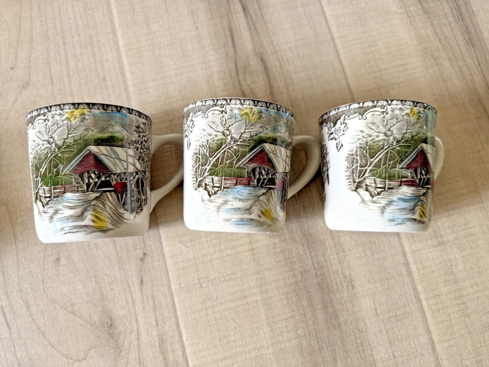 The Friendly Village Johnson Brothers Mugs England Covered Bridge Set Lot of 6
