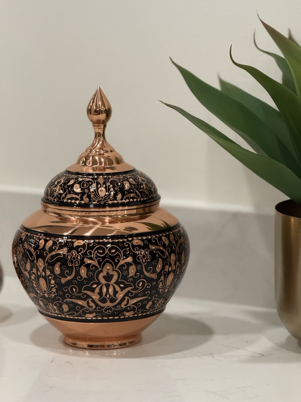 Vintage Handmade Copper Candy Bowl Glossy Lidded Jar with Handle Lidded 9in