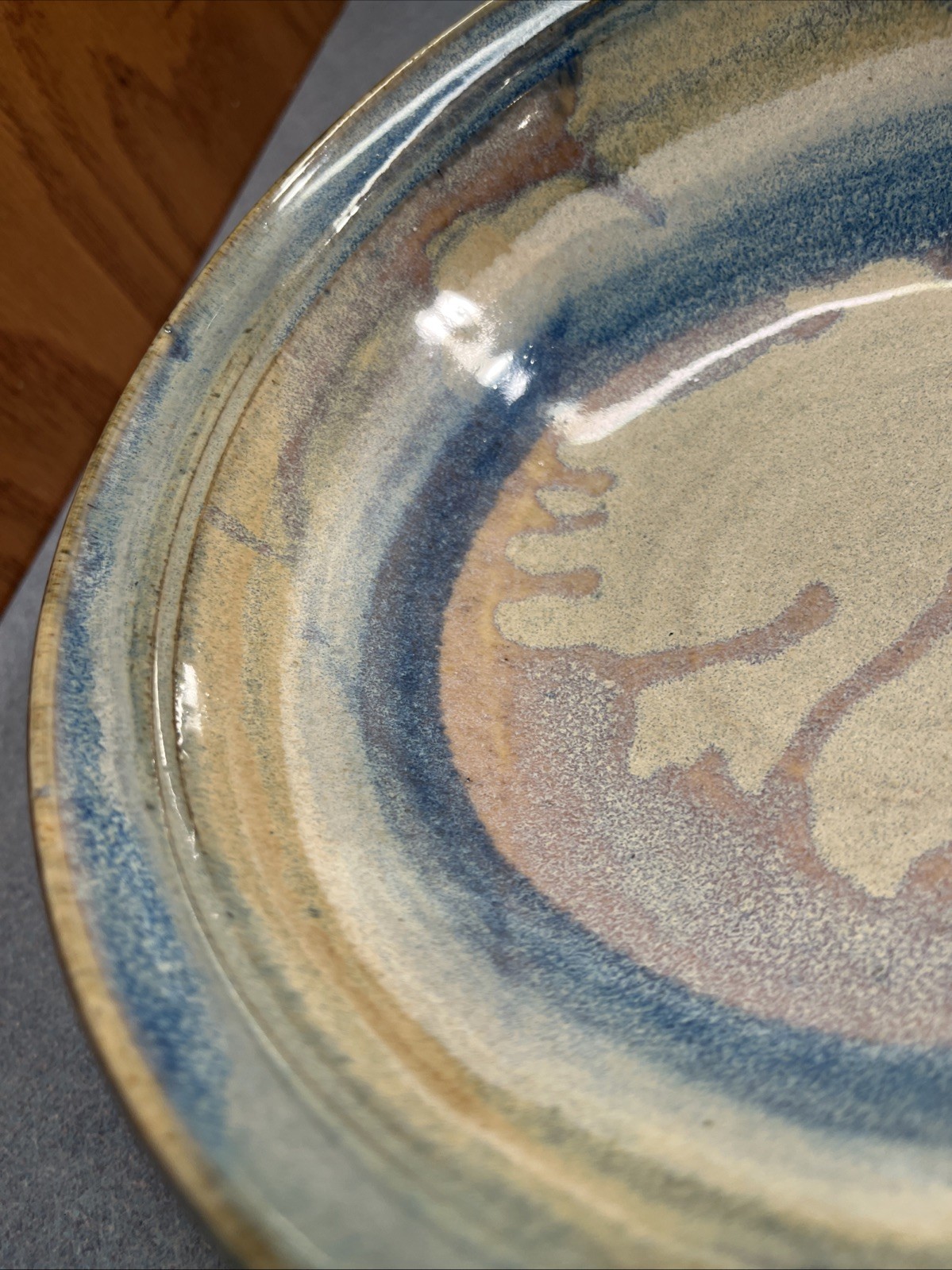 Studio Art Pottery Rimmed Bowl Blue Tan, Gray Drip Glaze Signed C(?) Lopez 8″D