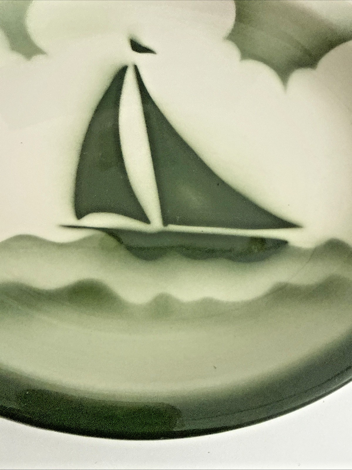 Rare 1950s Jackson China Airbrushed Sailboat Platter Green Nautical Restaurant