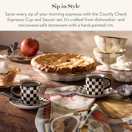 MACKENZIE-CHILDS Set of 2 Stoneware Espresso Cup and Saucer, Cute Courtly Check