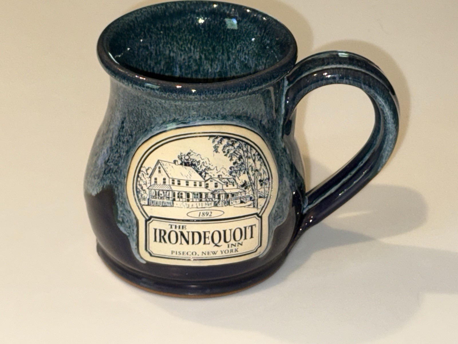 Irondequoit Inn Piseco NY Coffee Cup Mug Deneen Studio Pottery Blue Drip EUC
