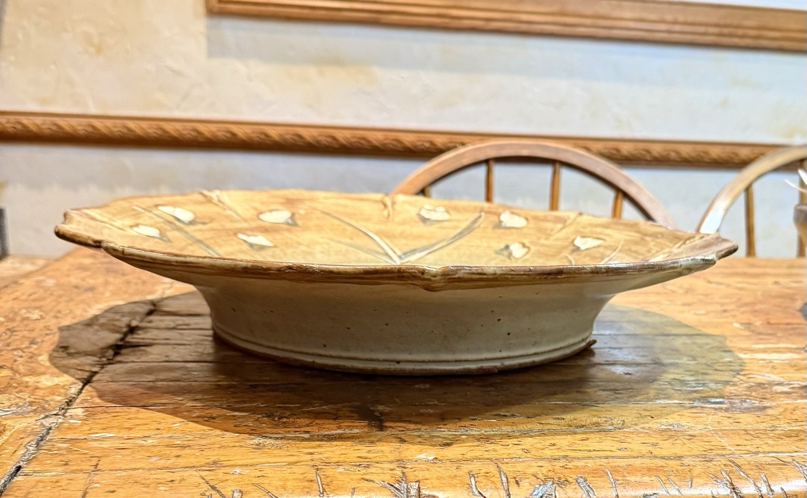 RARE 17″ Vtg NICOL Signed green, white Stoneware STUDIO ART Pottery Bowl Platter