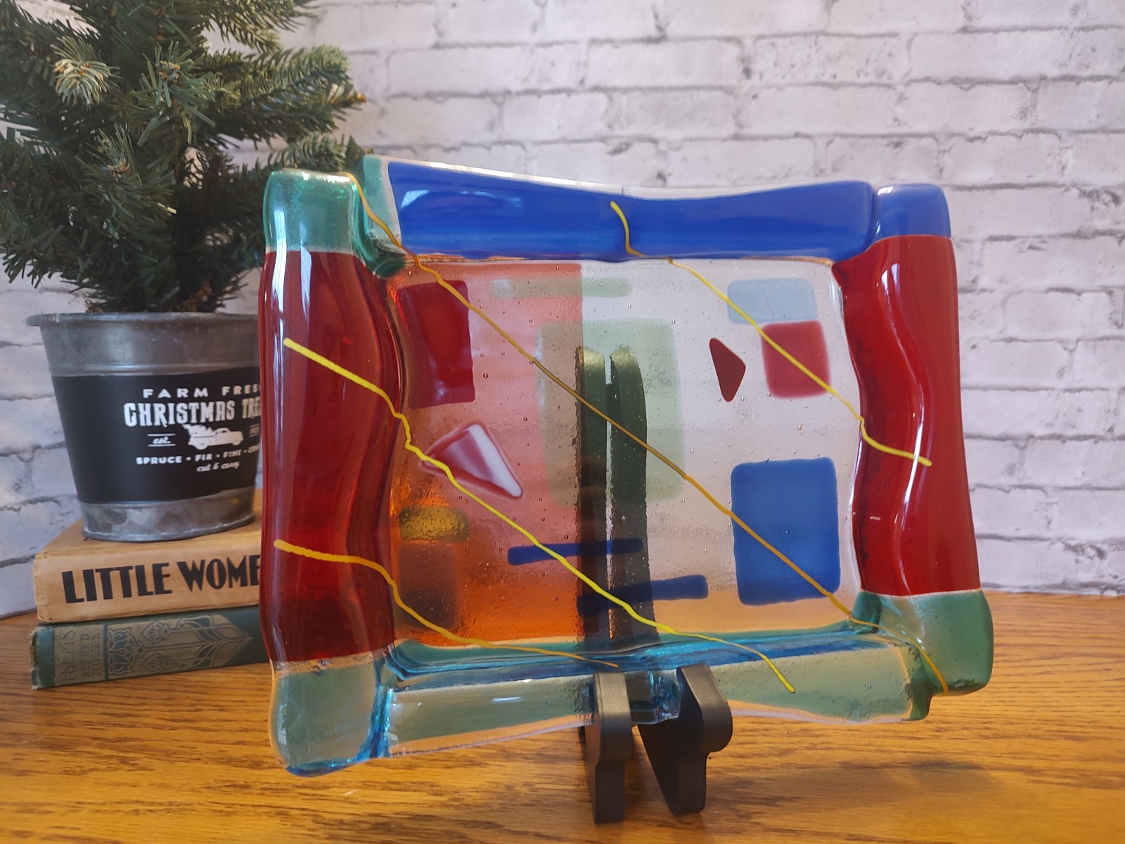 Art Glass Tray Aqua Green, Blue, Red Gold / Yellow Lines