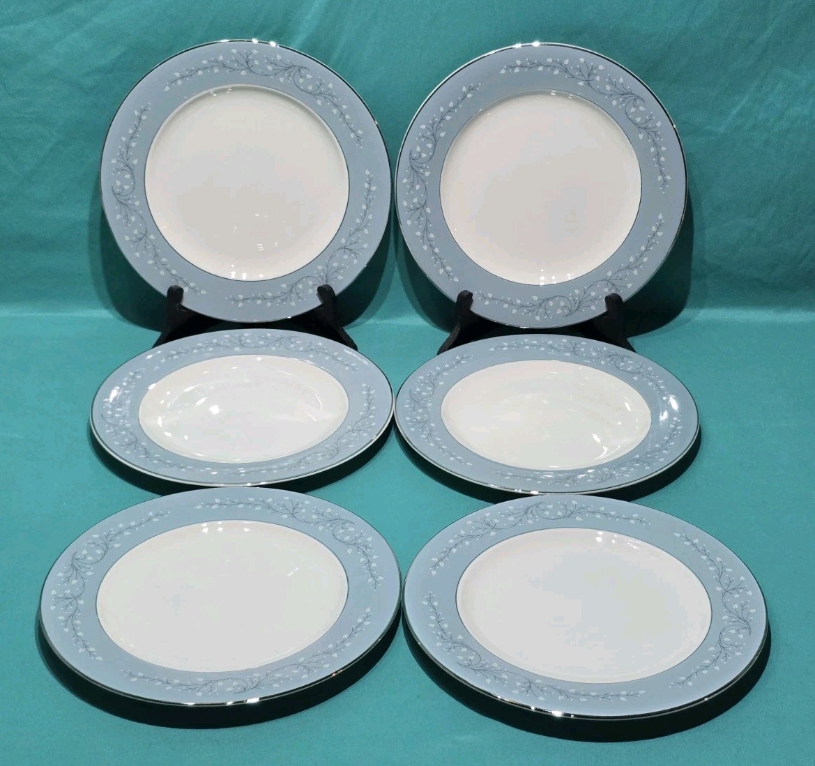 Set of 6 Syracuse Minuet Dinner Plates 10 3/4″ White Florals,Blue, Platinum Trim