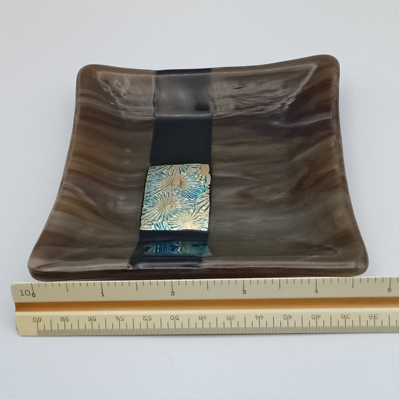 Dichroic Fused Glass Square Trinket Dish Brown Black Copper Abstract Signed
