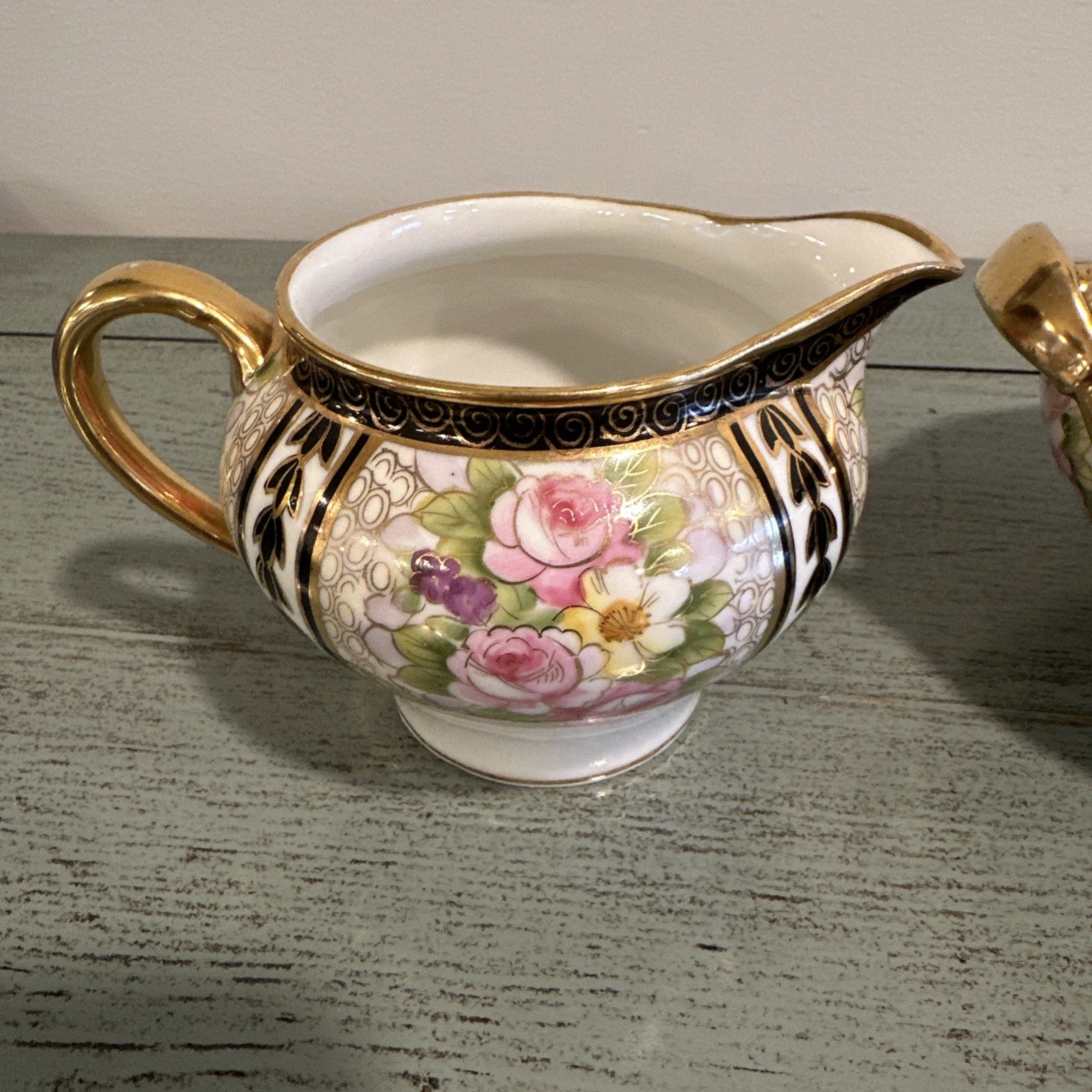 Antique Japan NIPPON Hand Painted Gold Creamer and Sugar Bowl W/ Lid